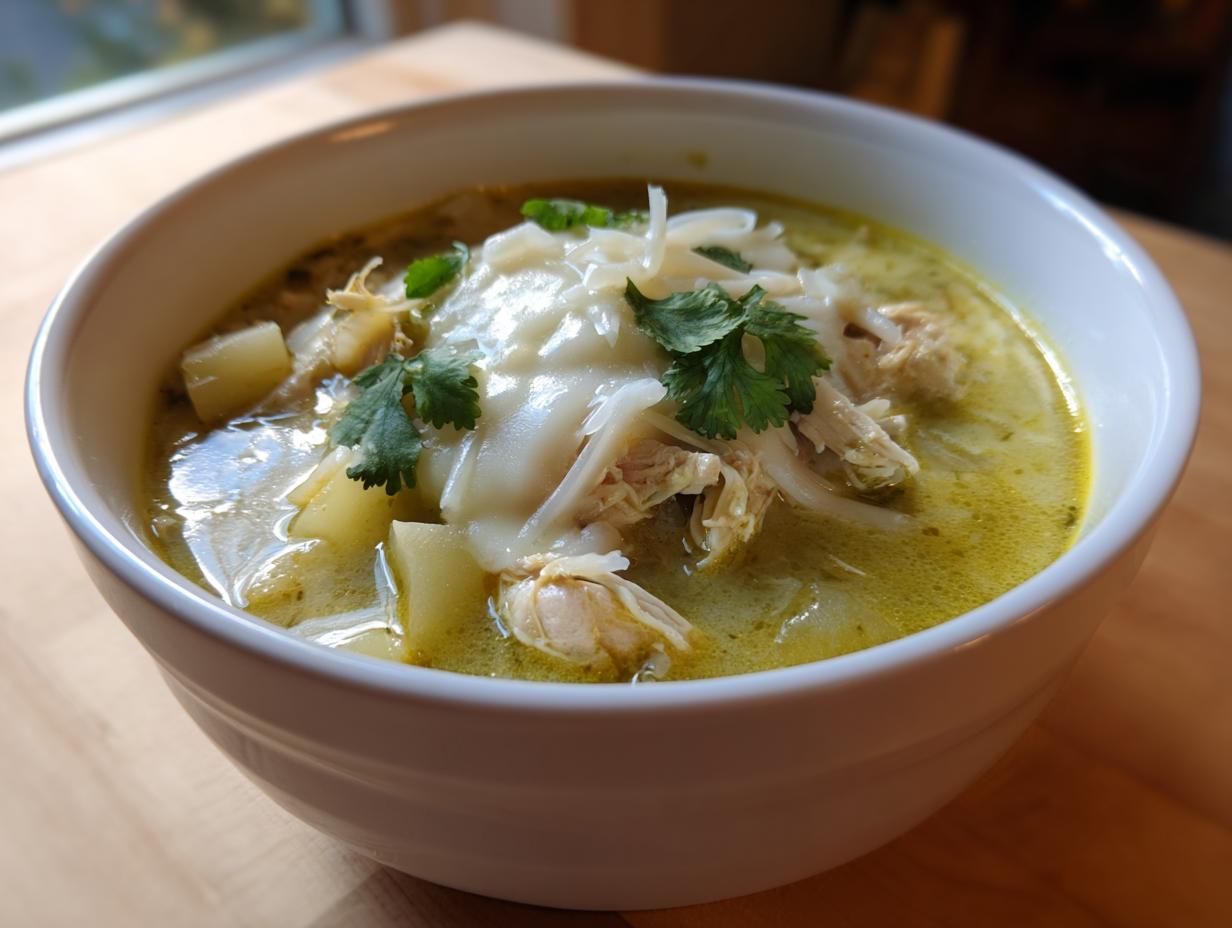 A close-up of a white bowl filled with creamy green chicken poblano soup, topped with shredded cheese and cilantro.