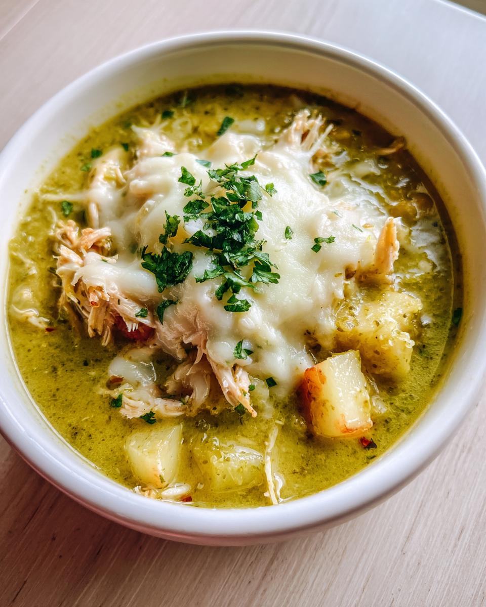 A close-up of a bowl of vibrant green chicken poblano soup recipe, topped with shredded chicken, melted white cheese, and fresh parsley.