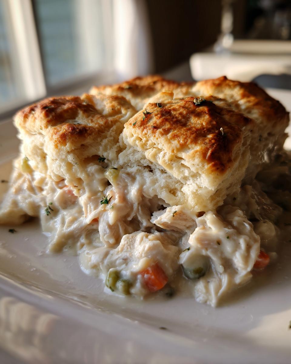 A close-up of a serving of creamy chicken pot pie casserole topped with golden, flaky biscuits.
