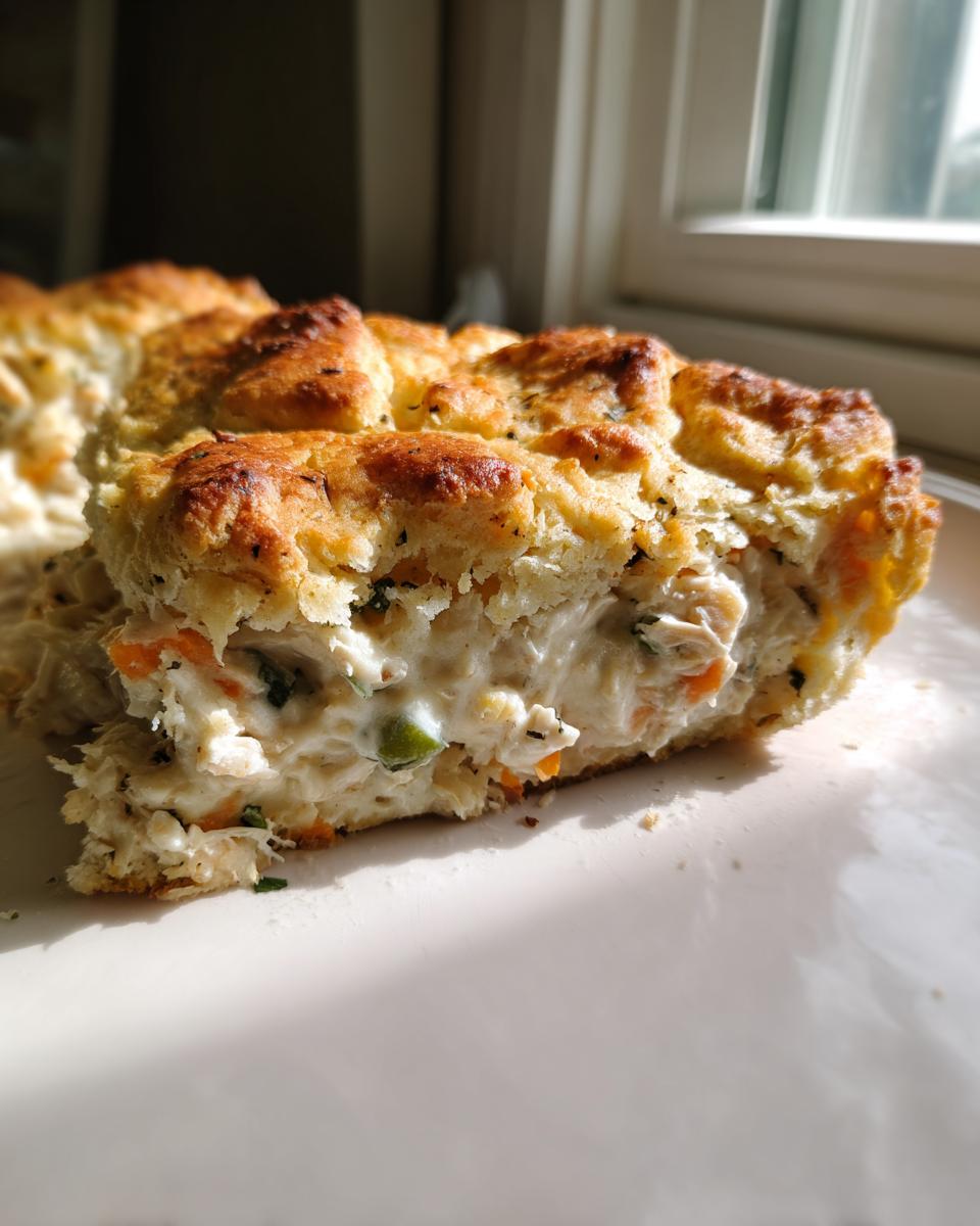 A close-up cross-section of chicken pot pie casserole showing creamy filling with chicken, peas, and carrots under a golden biscuit topping.