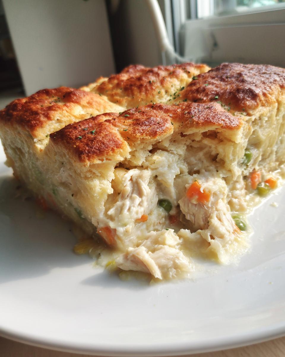Close-up of a hearty slice of chicken pot pie casserole showing creamy filling, shredded chicken, peas, and carrots under a golden biscuit topping.