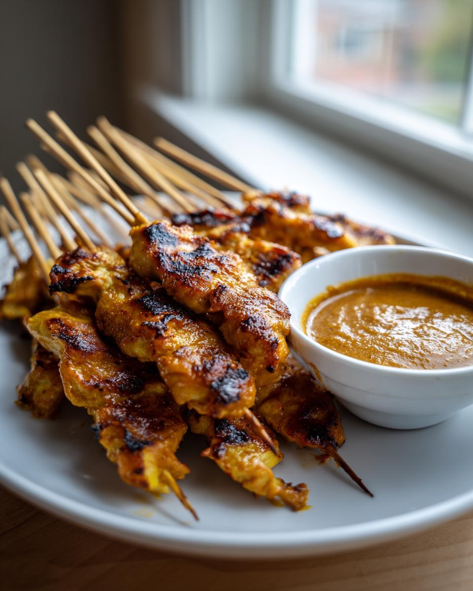 A plate piled high with grilled, charred chicken satay skewers served next to a small bowl of rich peanut dipping sauce.