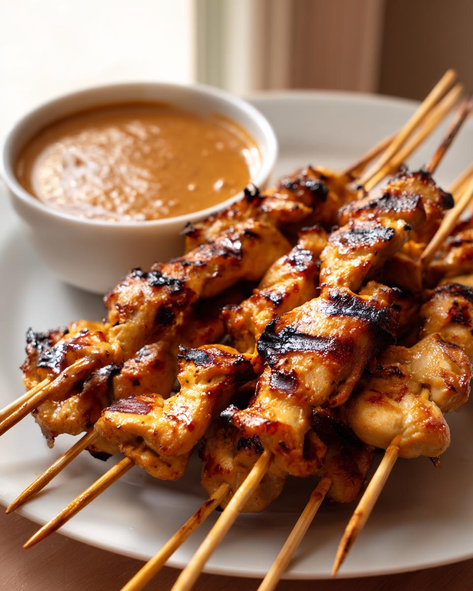 Close-up of grilled chicken satay skewers served on a white plate next to a bowl of rich peanut dipping sauce.
