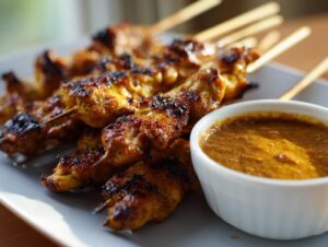 Close-up of grilled chicken satay skewers served with a side of rich peanut dipping sauce.