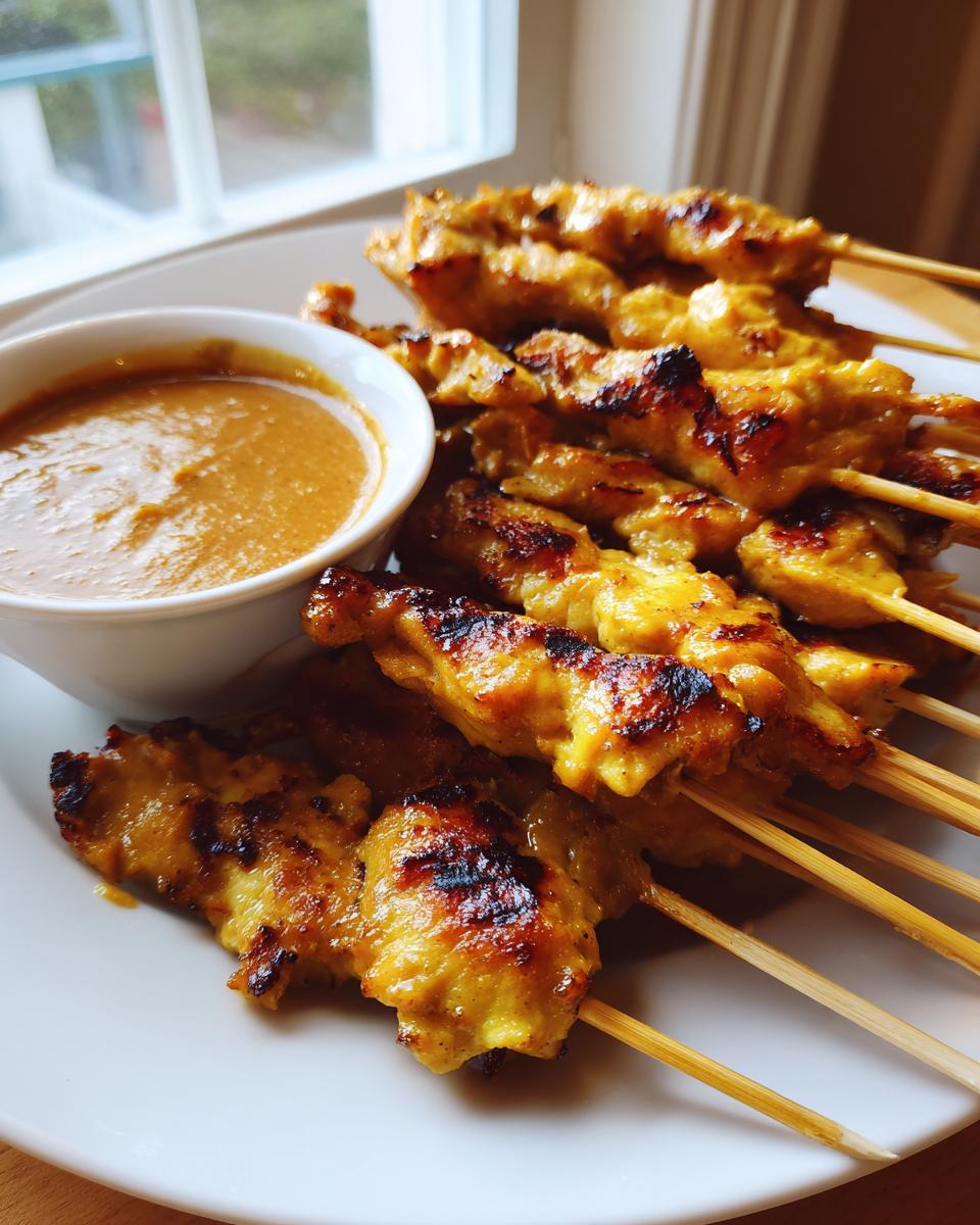 A plate piled high with grilled, golden-yellow chicken satay skewers served next to a small bowl of rich peanut dipping sauce.