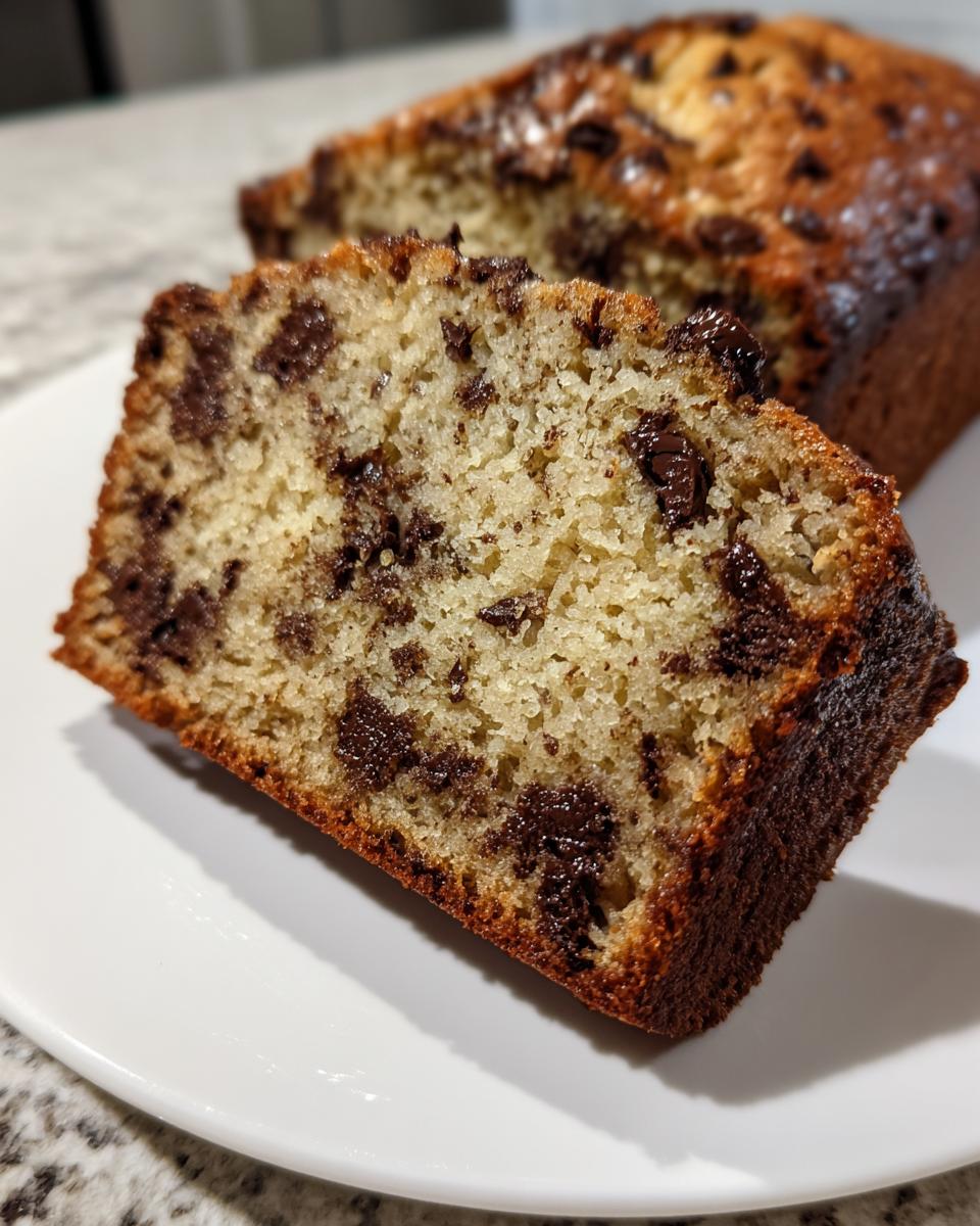 Close-up of a moist slice of chocolate chip banana bread showing dense crumb and melted chocolate chunks.