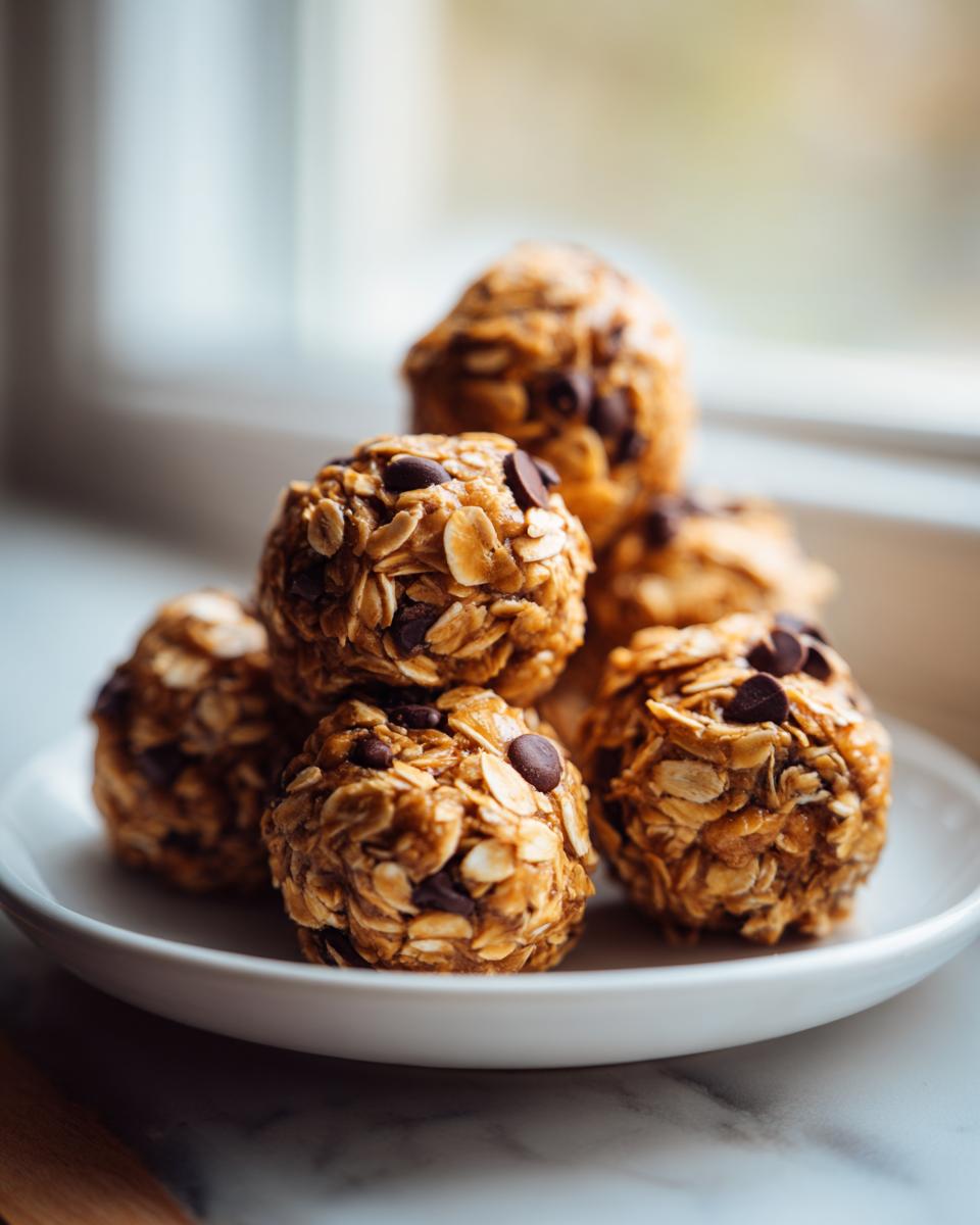 A stack of homemade chocolate chip protein balls coated in rolled oats, resting on a white plate near a window.