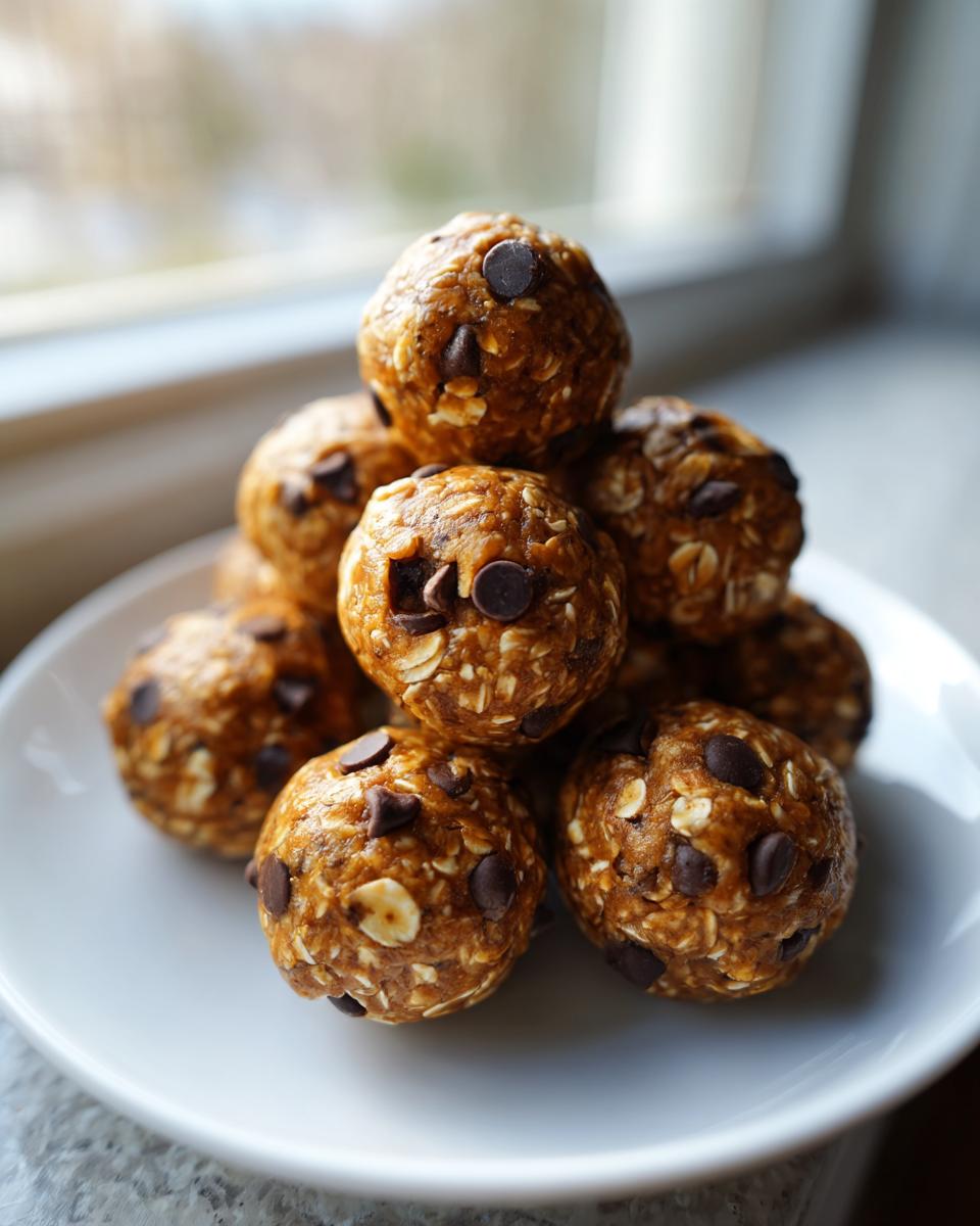 A stack of homemade chocolate chip protein balls made with oats, sitting on a white plate near a window.