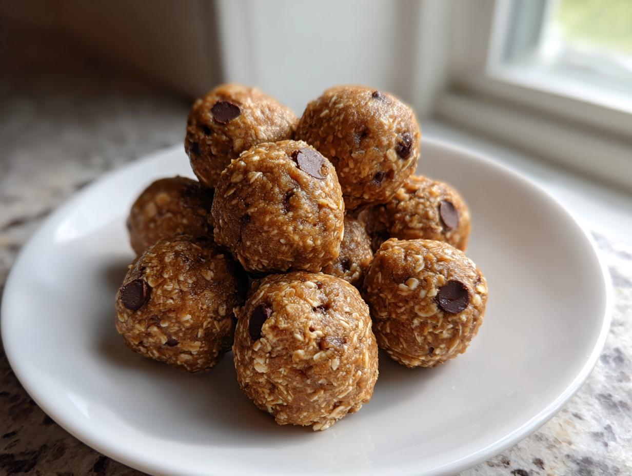 A stack of homemade chocolate chip protein balls made with oats, sitting on a white plate near a window.