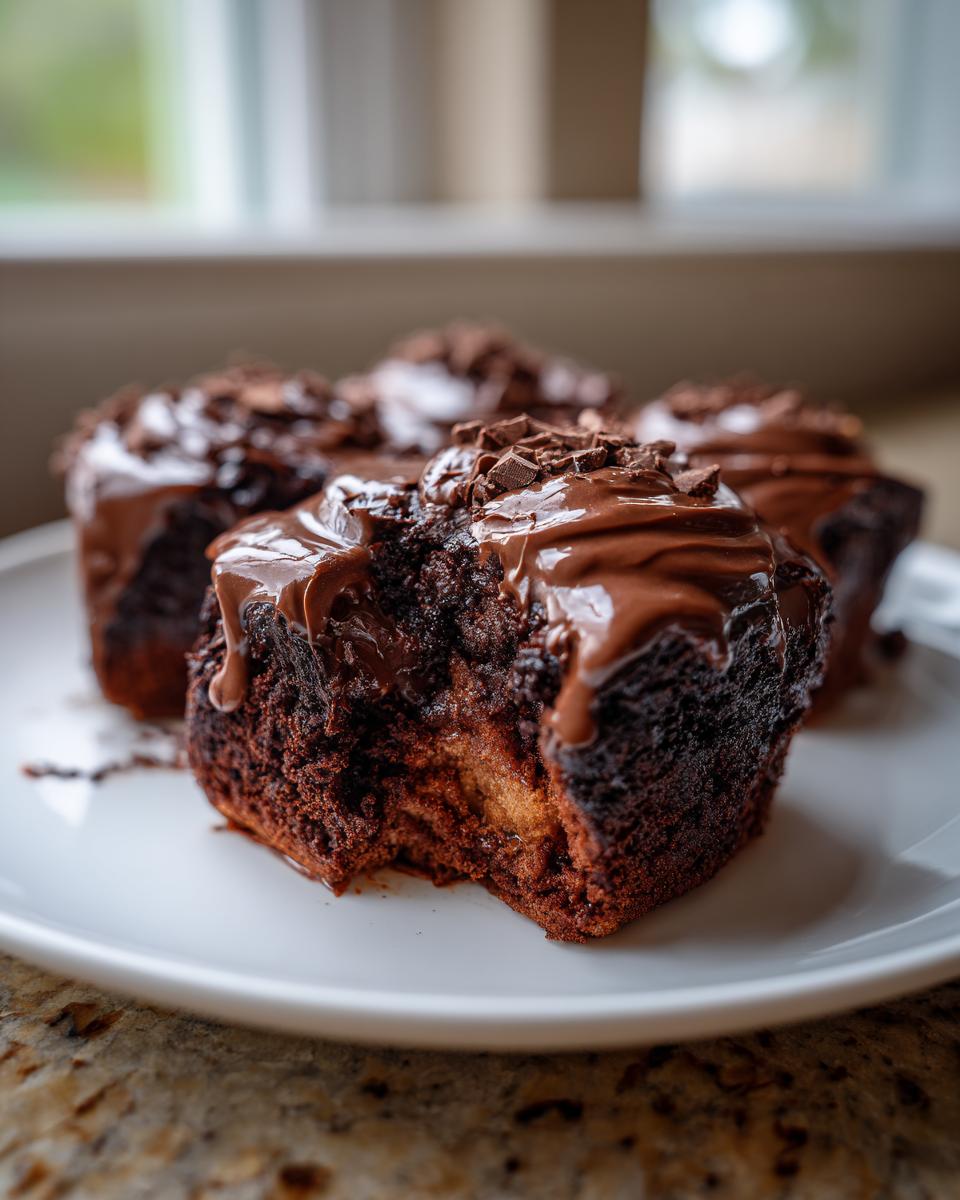 Close-up of a rich, dark chocolate cinnamon roll with a bite taken out, showing the gooey center and thick chocolate frosting.