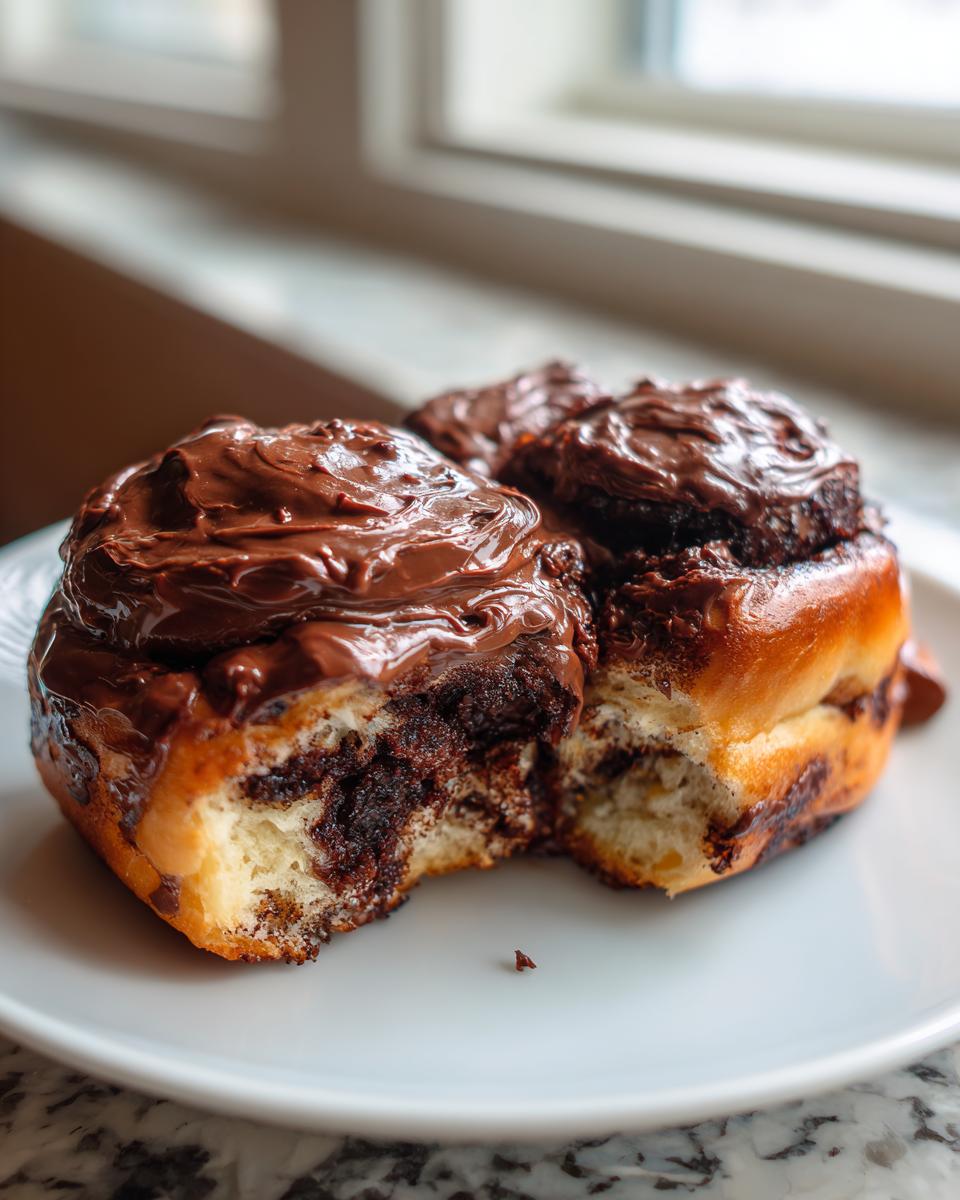 Two decadent chocolate cinnamon rolls, one with a bite taken out, covered in thick chocolate frosting.