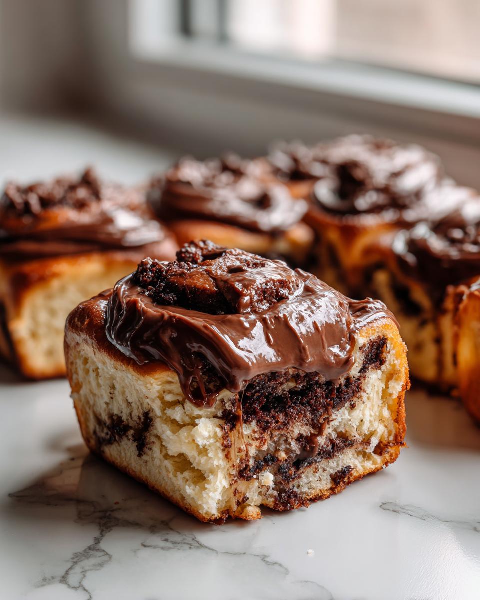 A close-up view of a soft, fluffy chocolate cinnamon rolls cut in half, topped with rich, melted chocolate frosting.