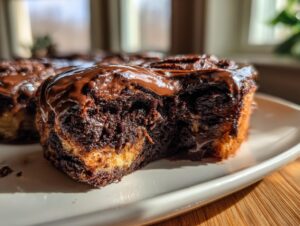 Close-up of a decadent chocolate cinnamon rolls slice, heavily drizzled with glossy chocolate icing.