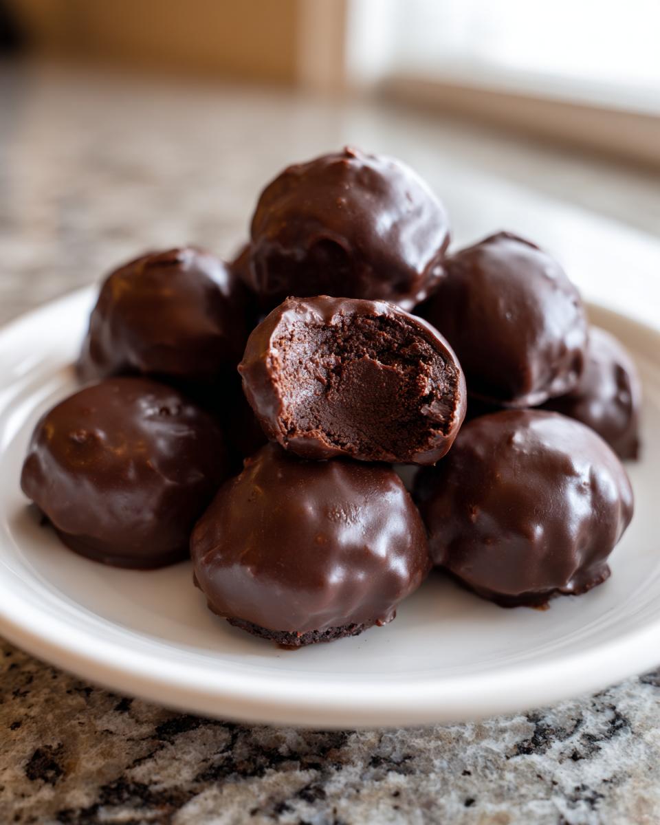 A pile of rich, chocolate-coated Oreo balls on a white plate, with one bitten to show the dark, fudgy interior.