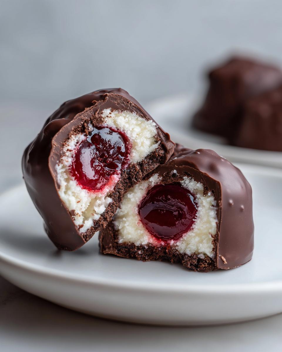A chocolate covered cherries treat cut in half showing the dark chocolate shell, white filling, and juicy cherry center.