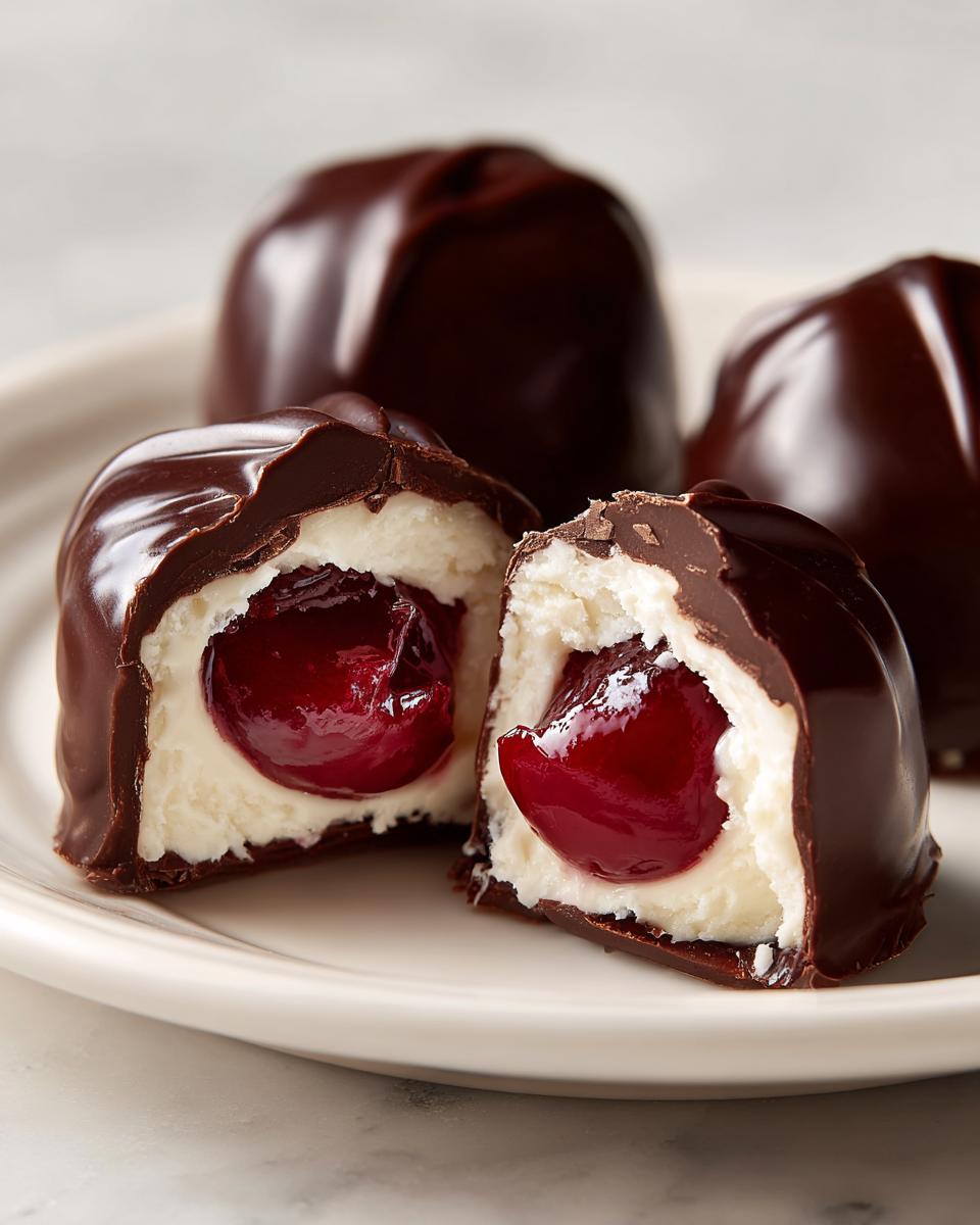 Close-up of a chocolate covered cherries candy cut in half, showing the creamy white filling and bright red cherry center.