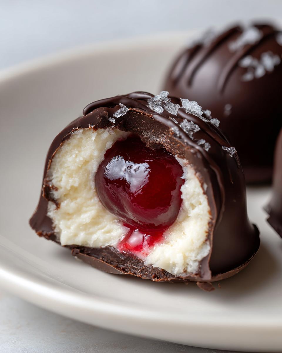 Close-up of a chocolate covered cherries half, showing the creamy white filling, a bright red cherry center, and sea salt flakes.