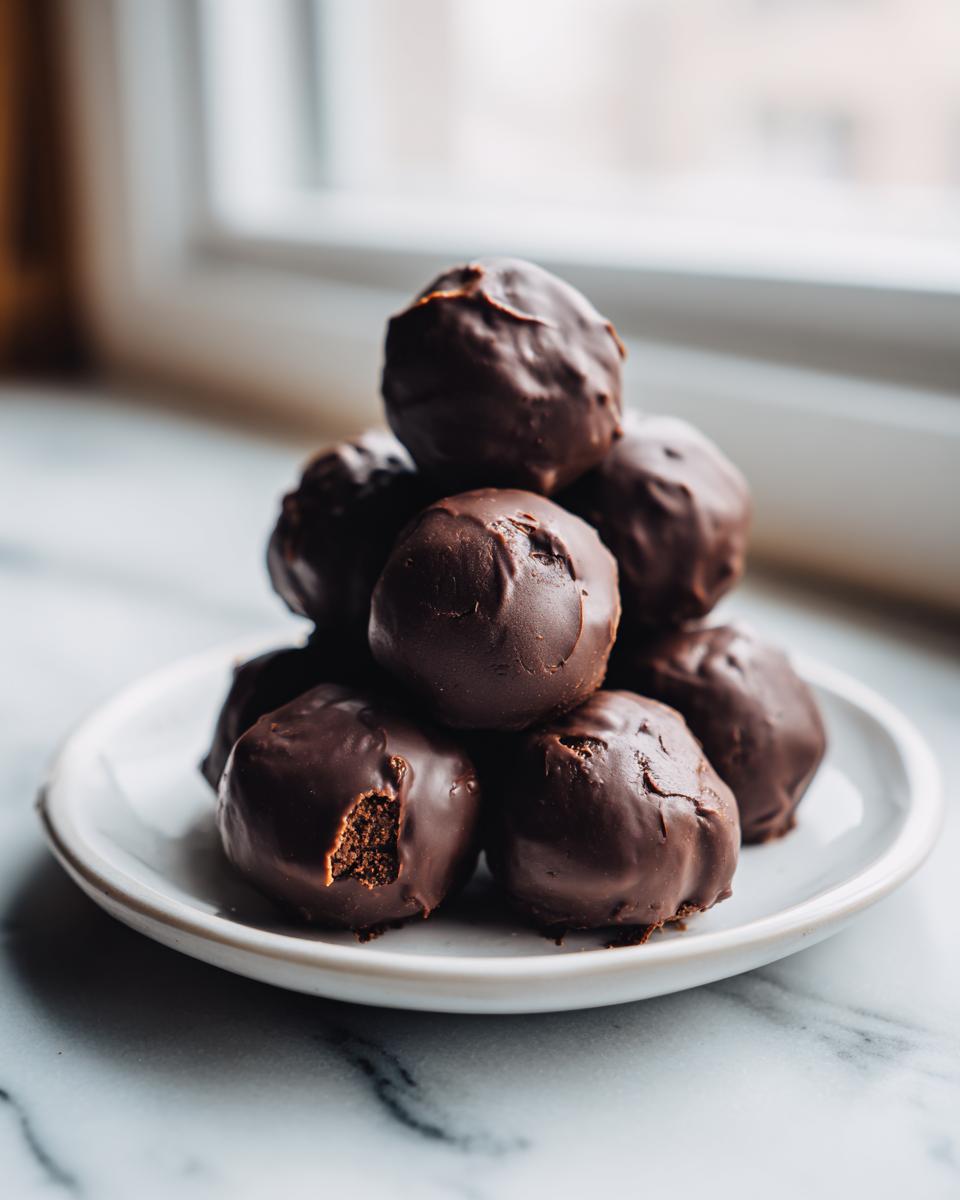 A small stack of rich, chocolate-covered Oreo balls sits on a white plate, one showing a bite taken out.