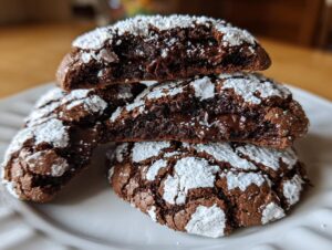 Stack of fudgy chocolate crinkle cookies dusted heavily with powdered sugar, showing a gooey melted chocolate center.