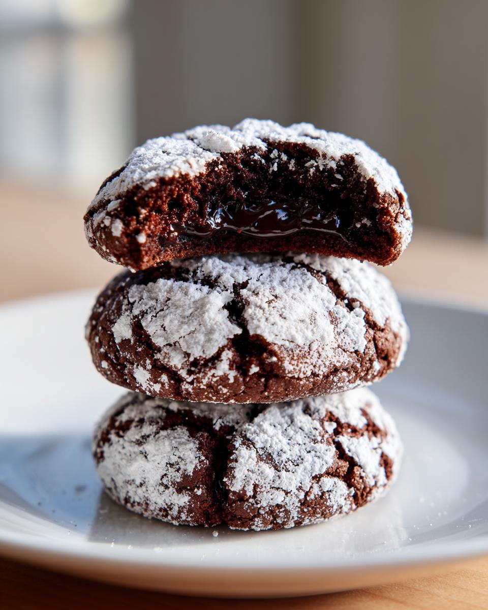 Three chocolate crinkle cookies stacked, the top one broken open revealing a gooey, melted chocolate center.