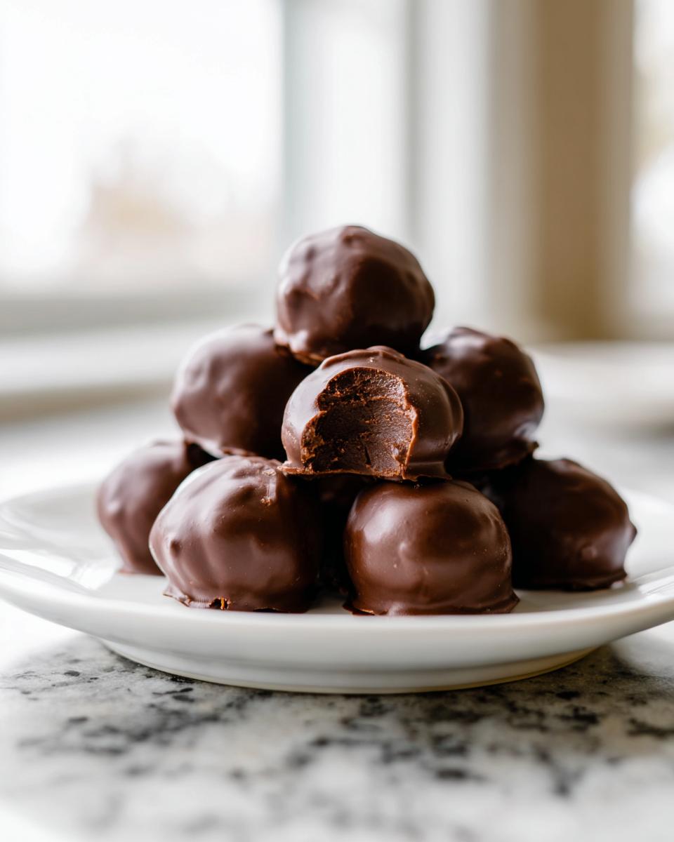 A stack of rich, chocolate-covered Oreo balls with one having a bite taken out, revealing the dark filling.