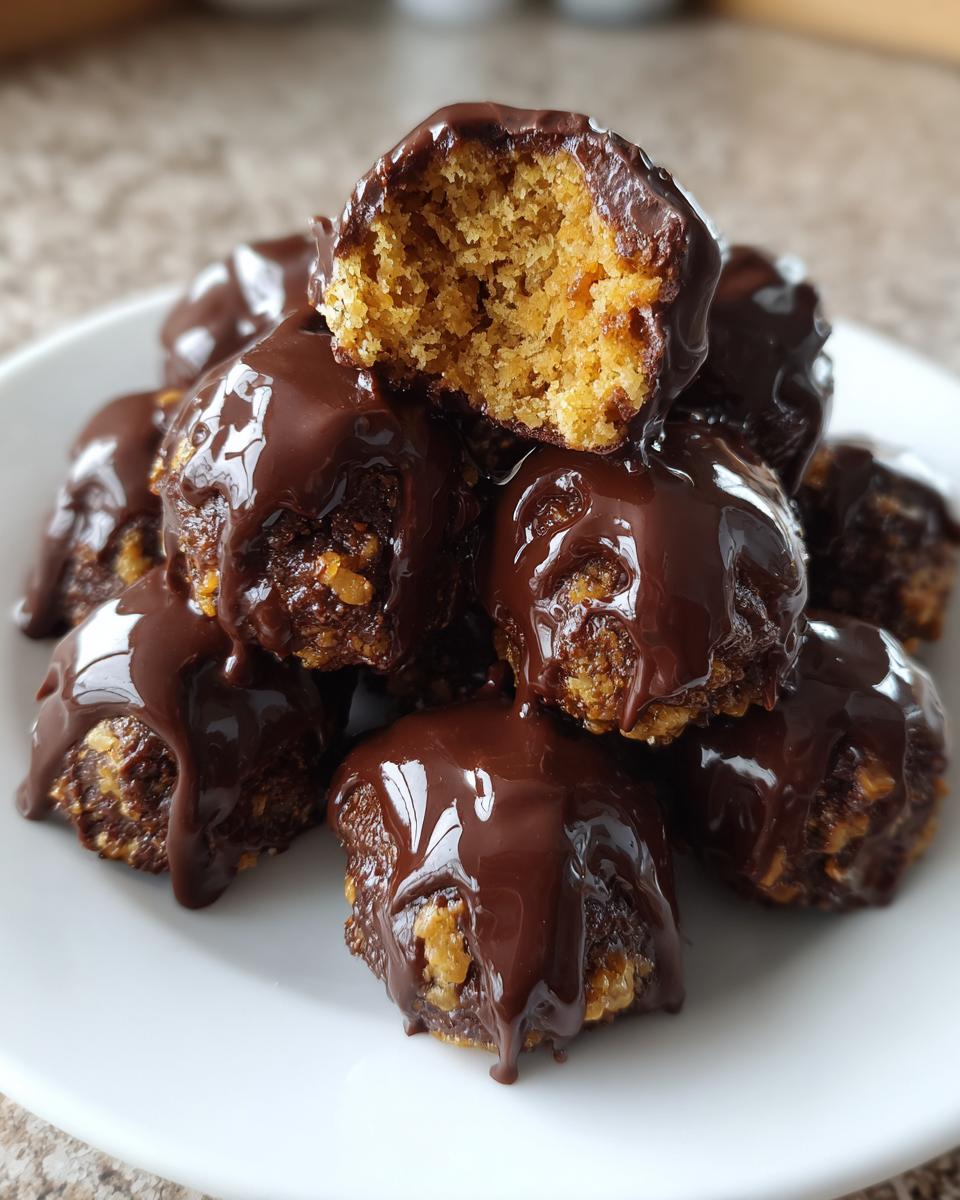 A stack of delicious pecan pie balls generously drizzled with melted dark chocolate, one ball broken open to show the interior.