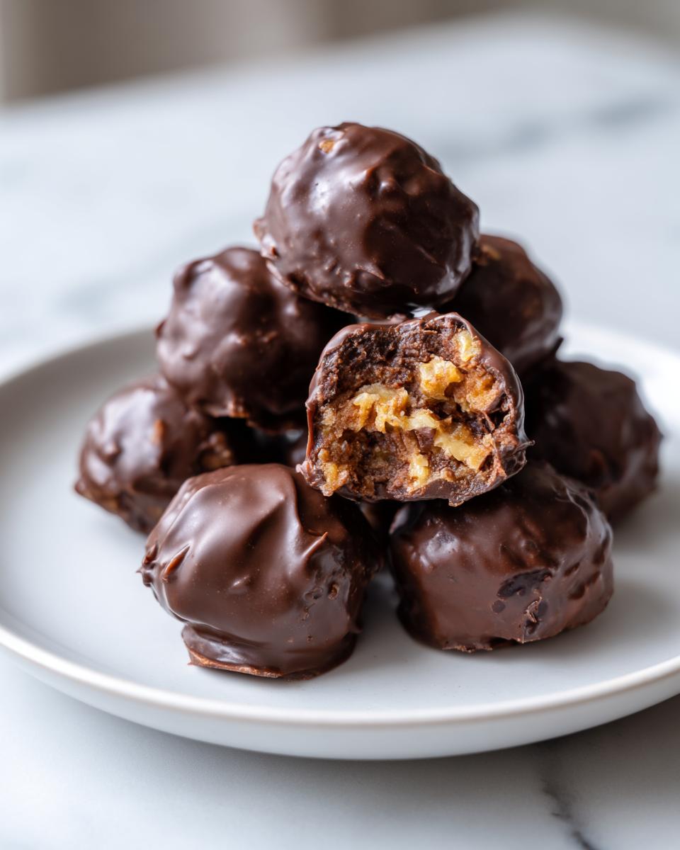 A stack of chocolate-covered pecan pie balls, with one cut in half showing the gooey pecan filling.