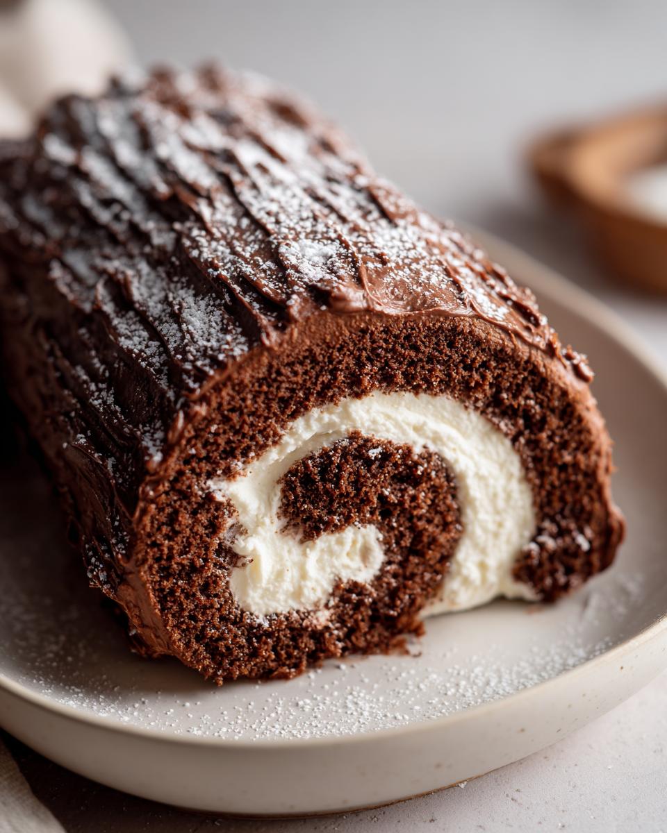 A close-up cross-section of a chocolate yule log cake showing the dark sponge and white cream swirl, dusted with powdered sugar.