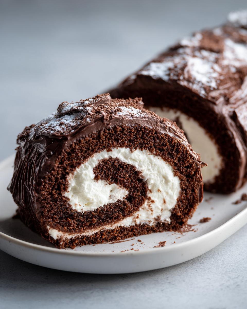 Close-up of a slice of chocolate yule log cake showing the dark chocolate sponge rolled with white cream filling.