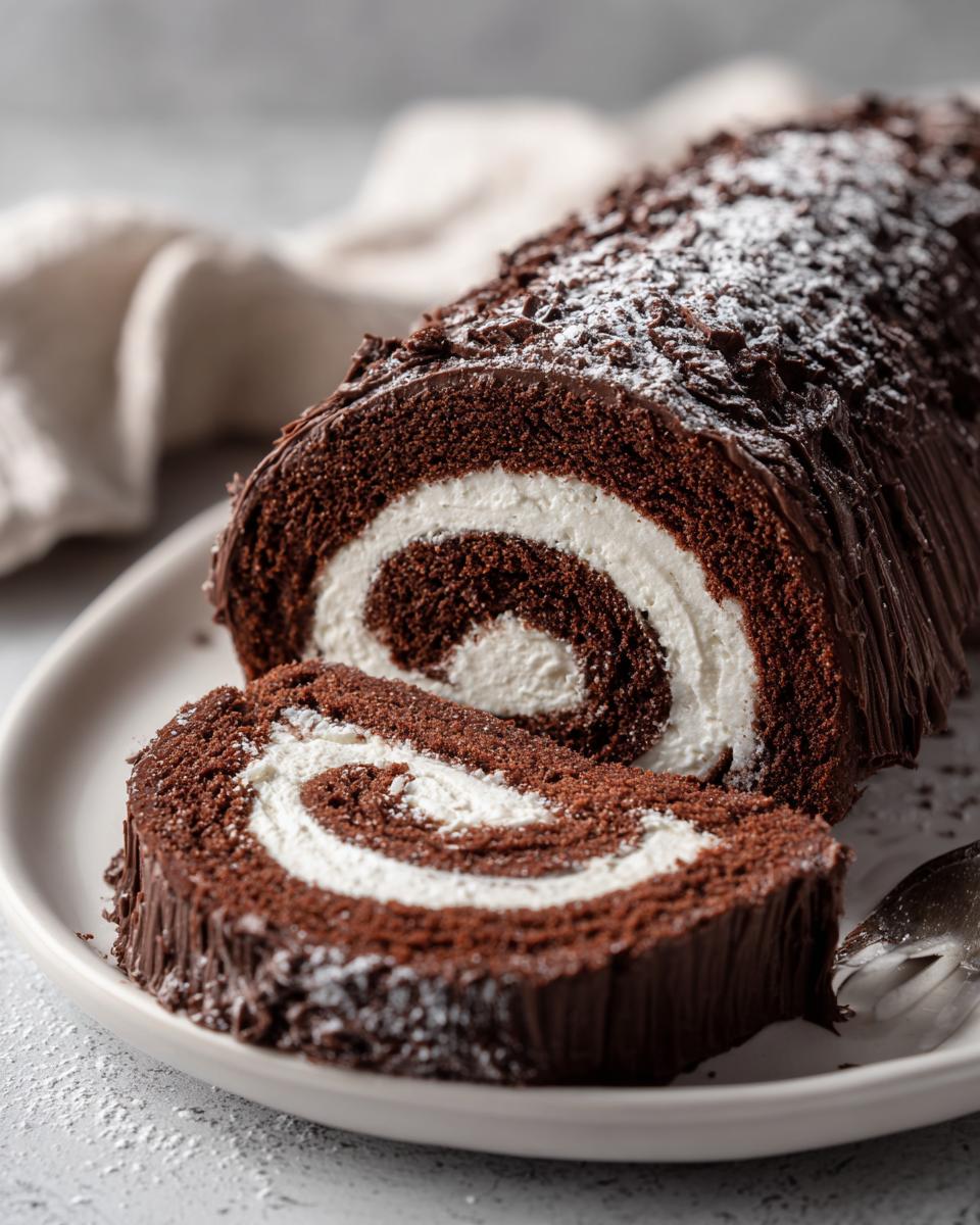 Close-up of a chocolate yule log cake, showing a slice revealing a white cream swirl filling, dusted with powdered sugar.