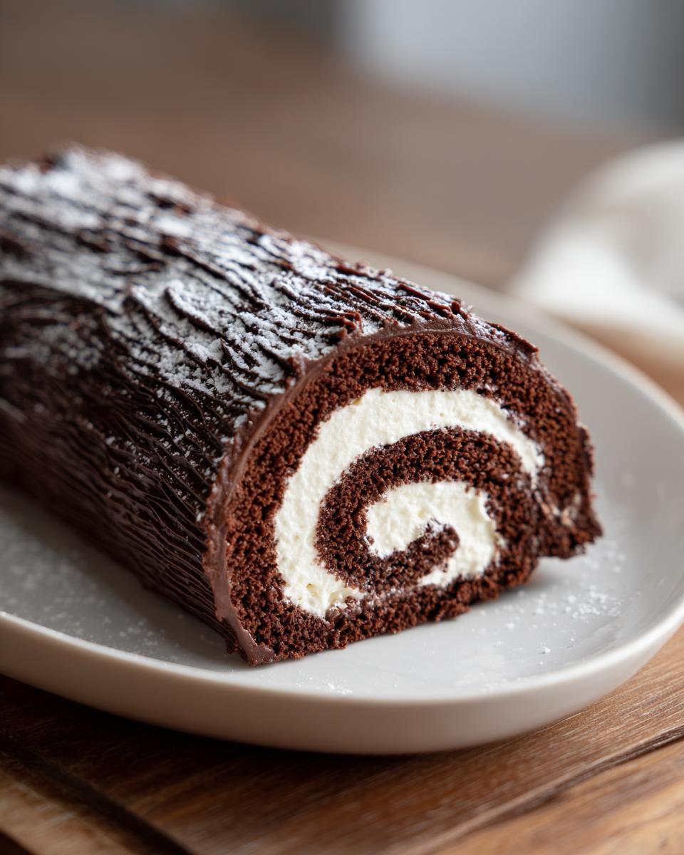 A close-up of a chocolate yule log cake slice showing the dark chocolate exterior and white cream swirl filling.