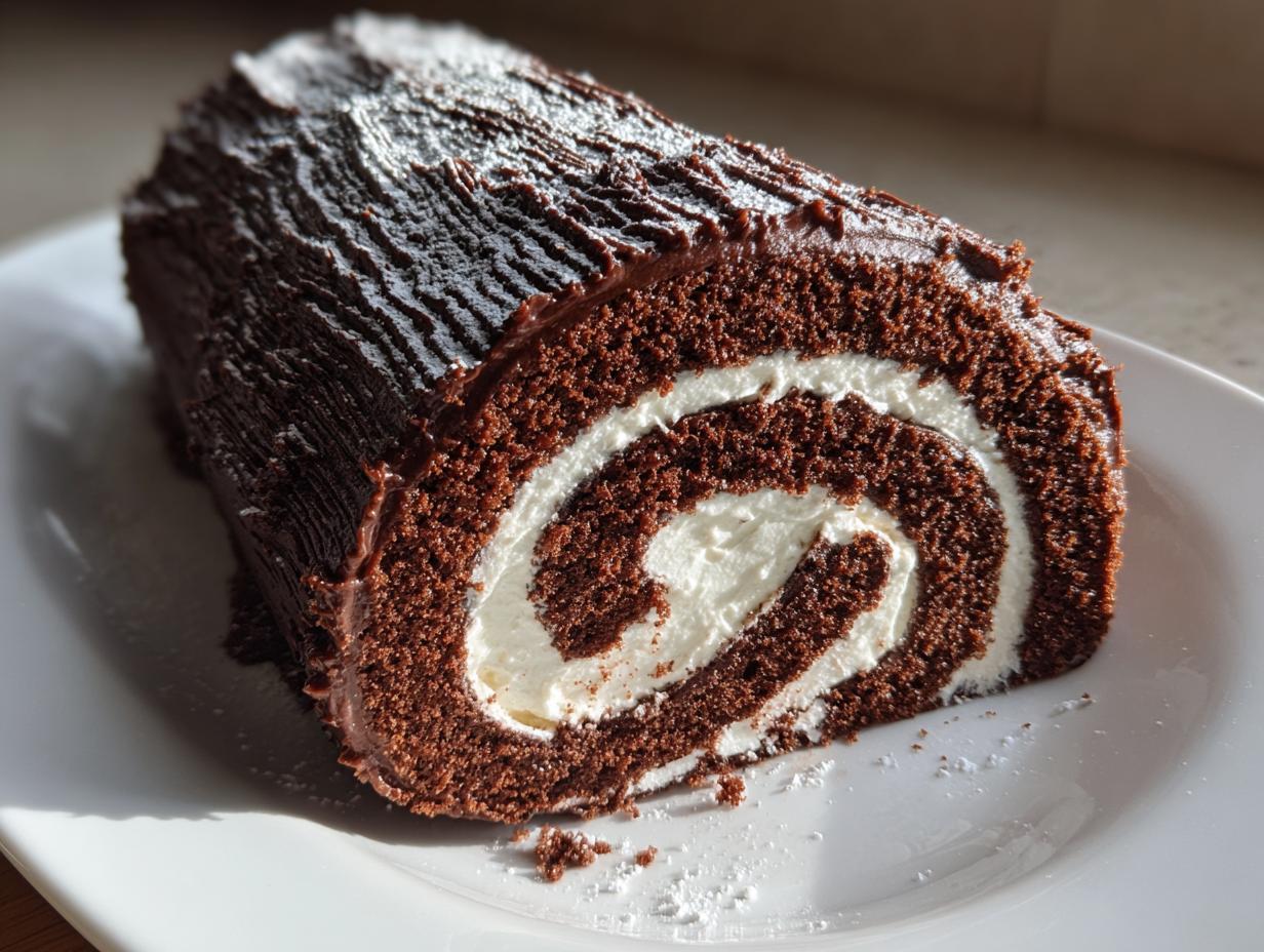 Close-up of a rich chocolate yule log cake slice showing the dark sponge and white cream swirl filling.