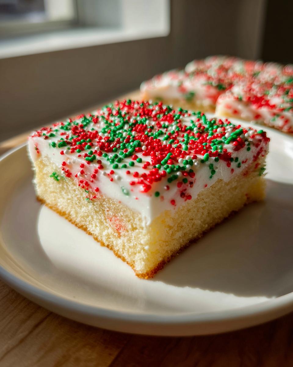 A square slice of soft Christmas sugar cookie bars topped with white frosting and red and green sprinkles.