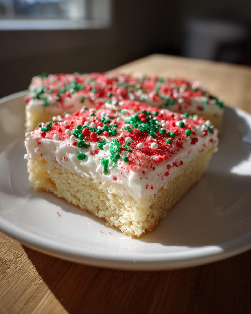 A close-up of a square slice of christmas sugar cookie bars topped with white frosting and red/green sprinkles.
