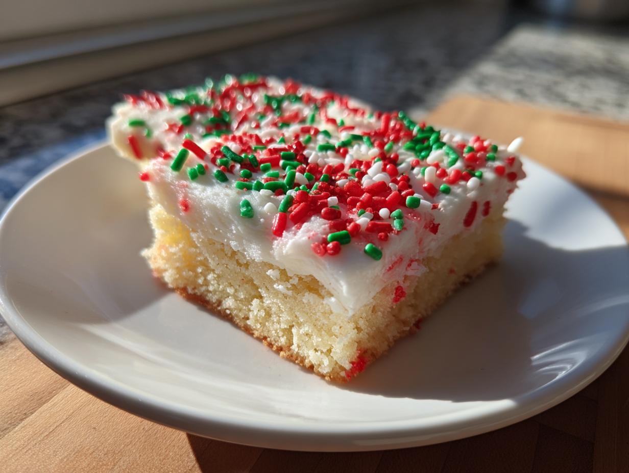 A close-up of a square slice of Christmas sugar cookie bars with thick white frosting and red, green, and white sprinkles.