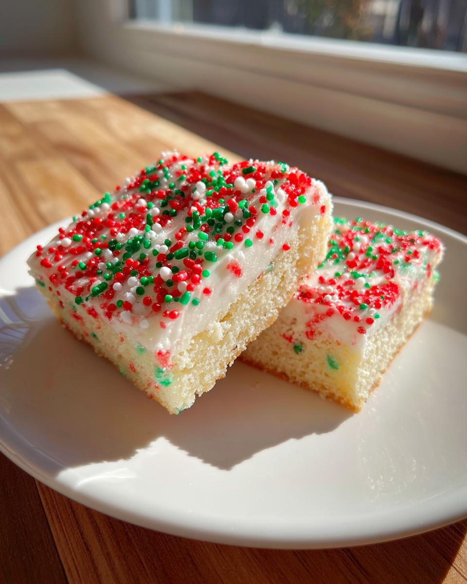 Two squares of soft christmas sugar cookie bars topped with white frosting and red and green sprinkles.
