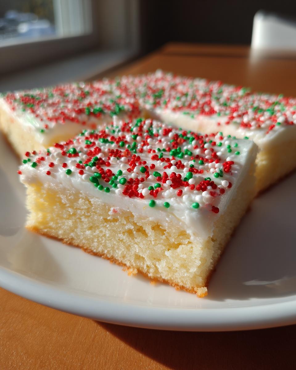 Close-up of a slice of soft christmas sugar cookie bars topped with white frosting and red, green, and white sprinkles.