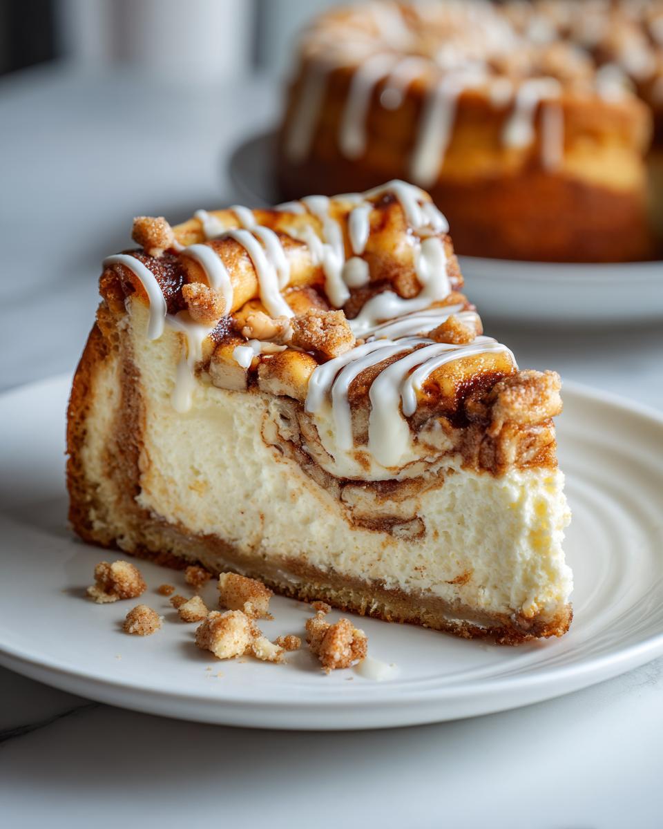 A close-up of a rich slice of cinnamon roll cheesecake with cream cheese swirl and white icing drizzle.