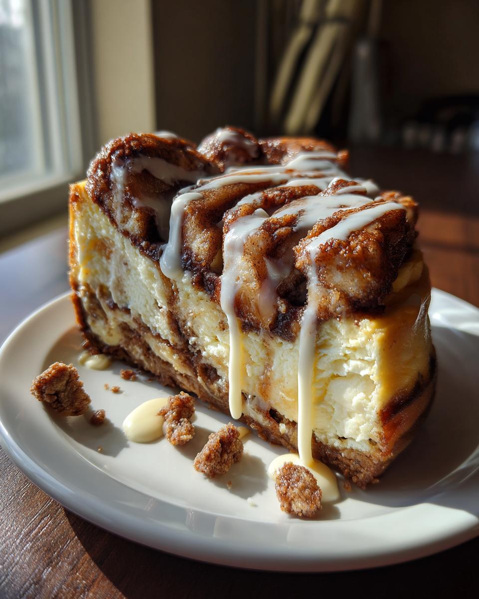 A rich slice of cinnamon roll cheesecake drizzled with white icing, sitting on a white plate.