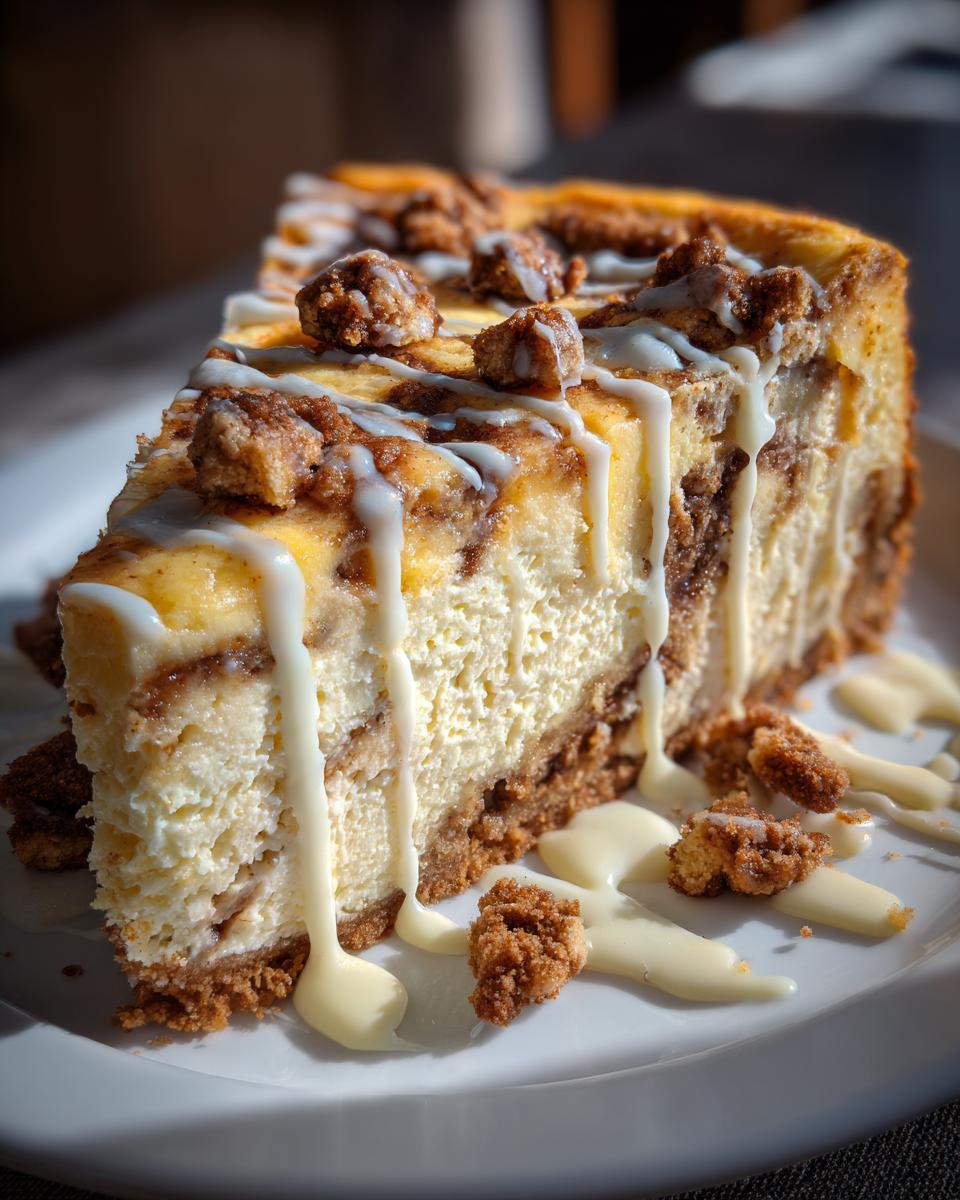 A rich slice of cinnamon roll cheesecake drizzled with icing and topped with cinnamon streusel pieces.