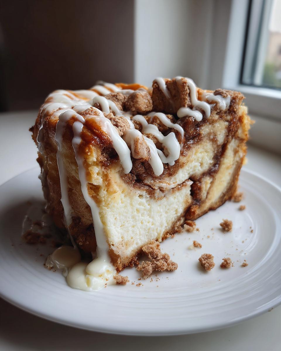 A tall slice of cinnamon roll cheesecake topped with white icing drizzle and cinnamon streusel crumbs.