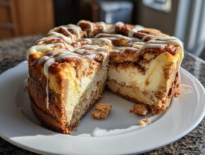 A whole cinnamon roll cheesecake with a slice removed, drizzled generously with white icing.