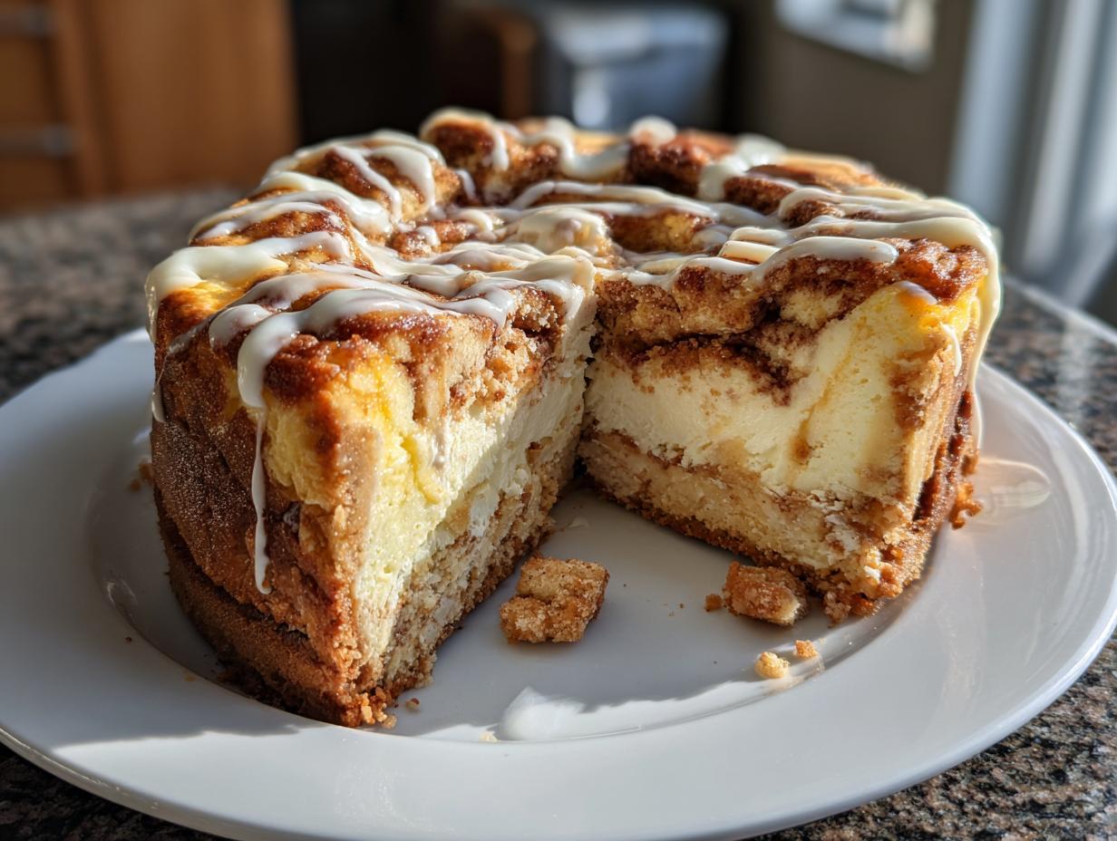 A whole cinnamon roll cheesecake with a slice removed, drizzled generously with white icing.