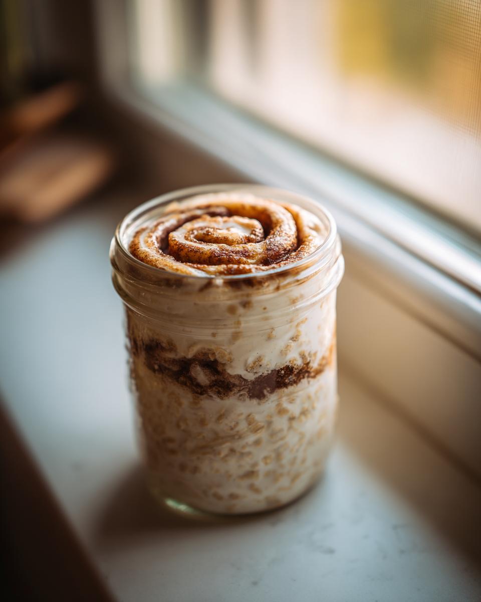 A jar of creamy cinnamon roll overnight oats topped with a cinnamon swirl, sitting on a windowsill.