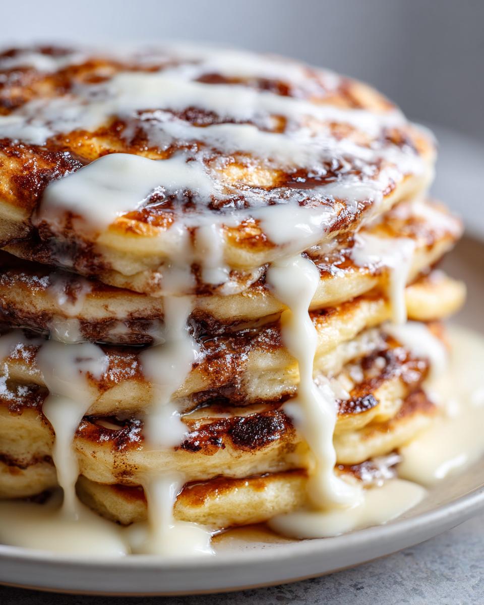 Close-up of a tall stack of cinnamon roll pancakes drizzled heavily with white icing.