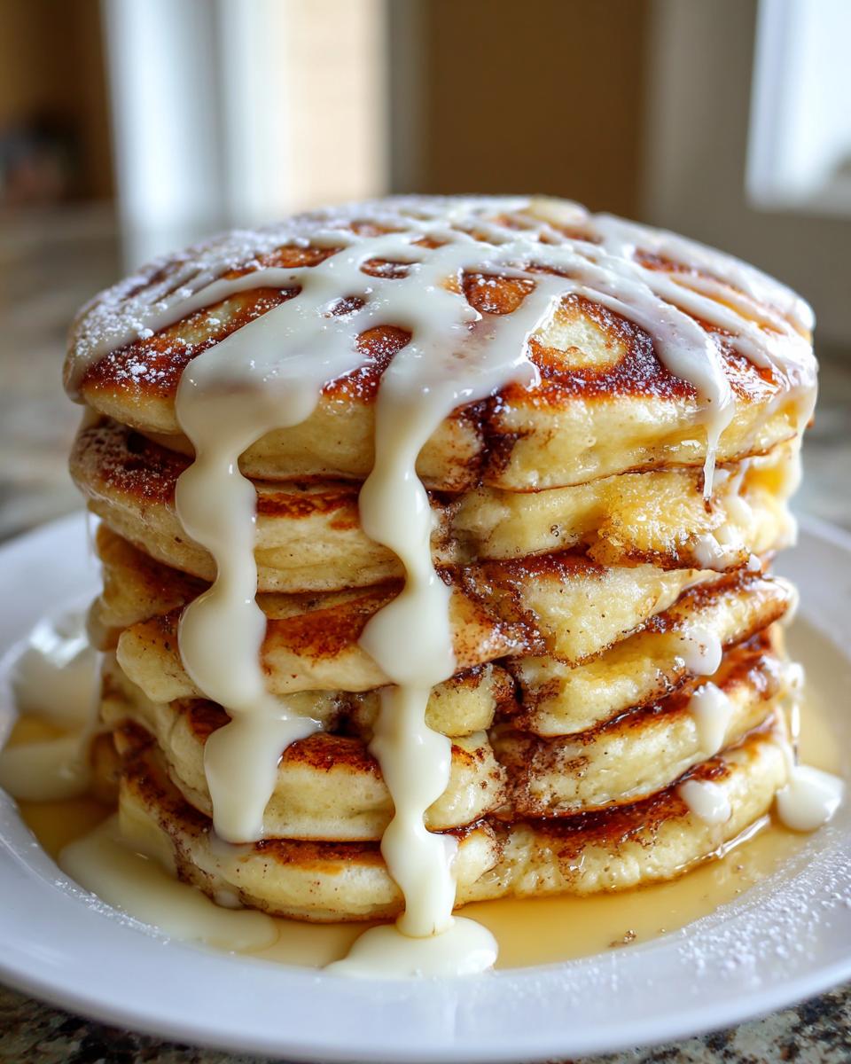 A tall stack of fluffy cinnamon roll pancakes drizzled heavily with white cream cheese glaze.