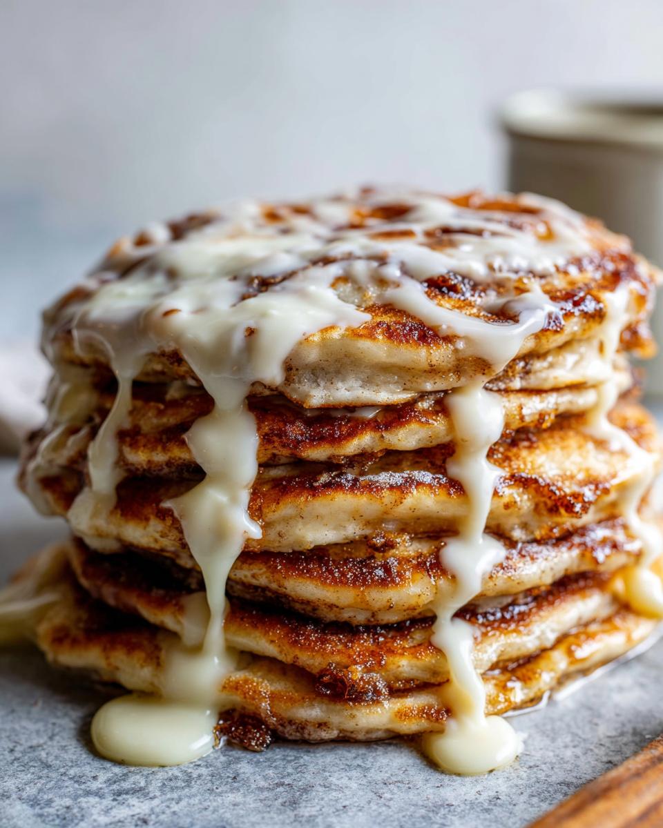 A tall stack of golden brown cinnamon roll pancakes generously drizzled with thick white icing.
