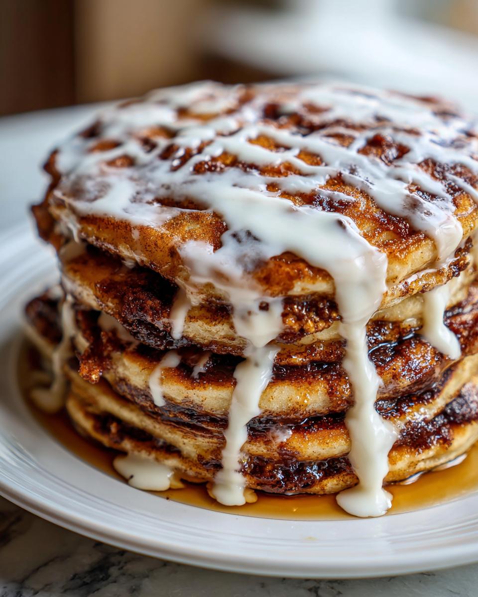 Close-up of a tall stack of cinnamon roll pancakes drizzled heavily with white cream cheese icing.