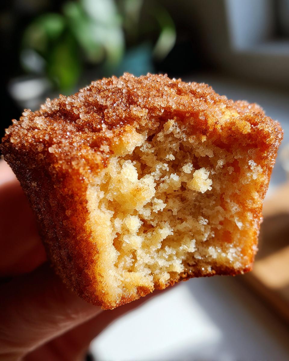 A close-up view of a cinnamon sugar french toast muffins with a bite taken out, showing the fluffy interior and crunchy topping.