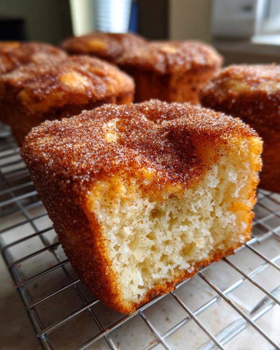 A close-up view of a soft, fluffy cinnamon sugar french toast muffin with a bite taken out, resting on a cooling rack.